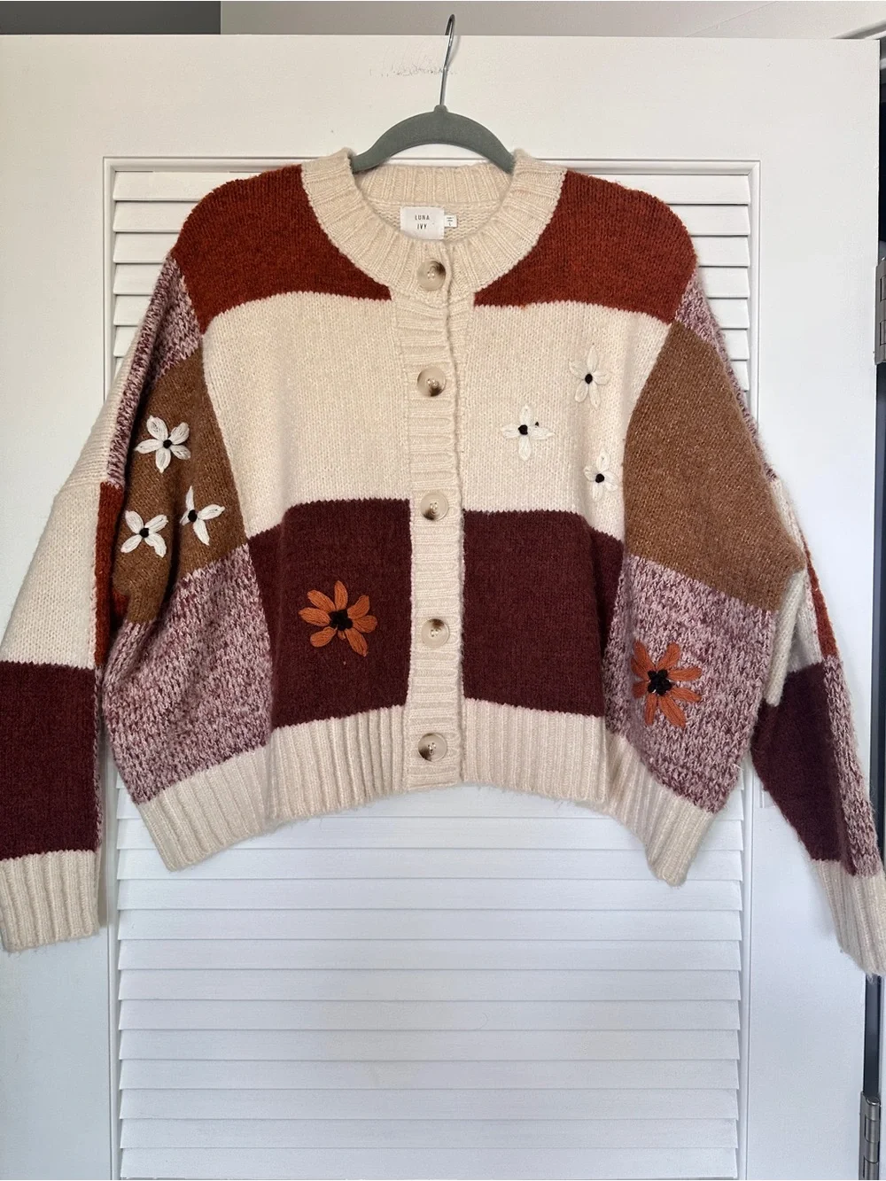 Luna Ivy Grandpa Chunky Knit Cardigan Sweater Floral Embroidered Relaxed Fit L